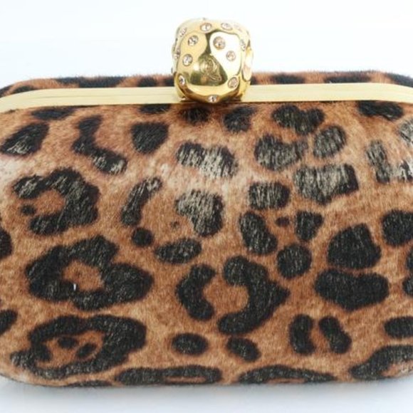 Alexander McQueen Box Leopard Print Calf Hair Skull Multicolor Leather Clutch - Picture 1 of 11